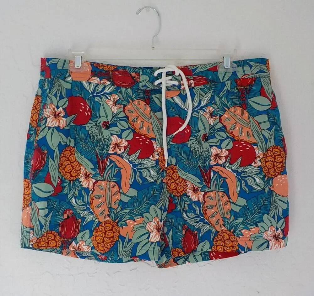 ACA JOE Blue Swim Shorts Trunks Men XL Tropical Floral Birds Print Pockets Lined
